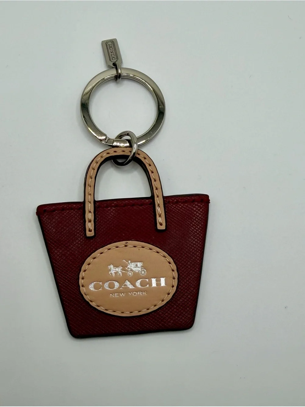 Coach Burgundy and Tan Mini Tote Key Ring